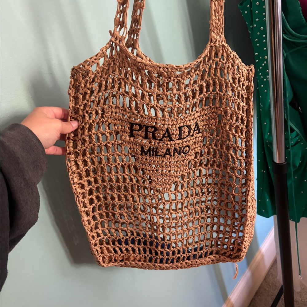 Prada Natural Straw Knit Tote with Black Logo - Picture 2 of 3
